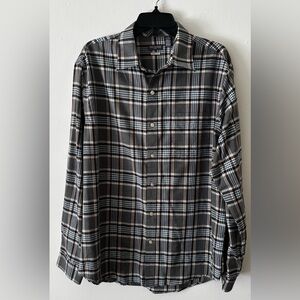 Van Heusen Flex Gray and Brown Plaid Casual Button Down Shirt large